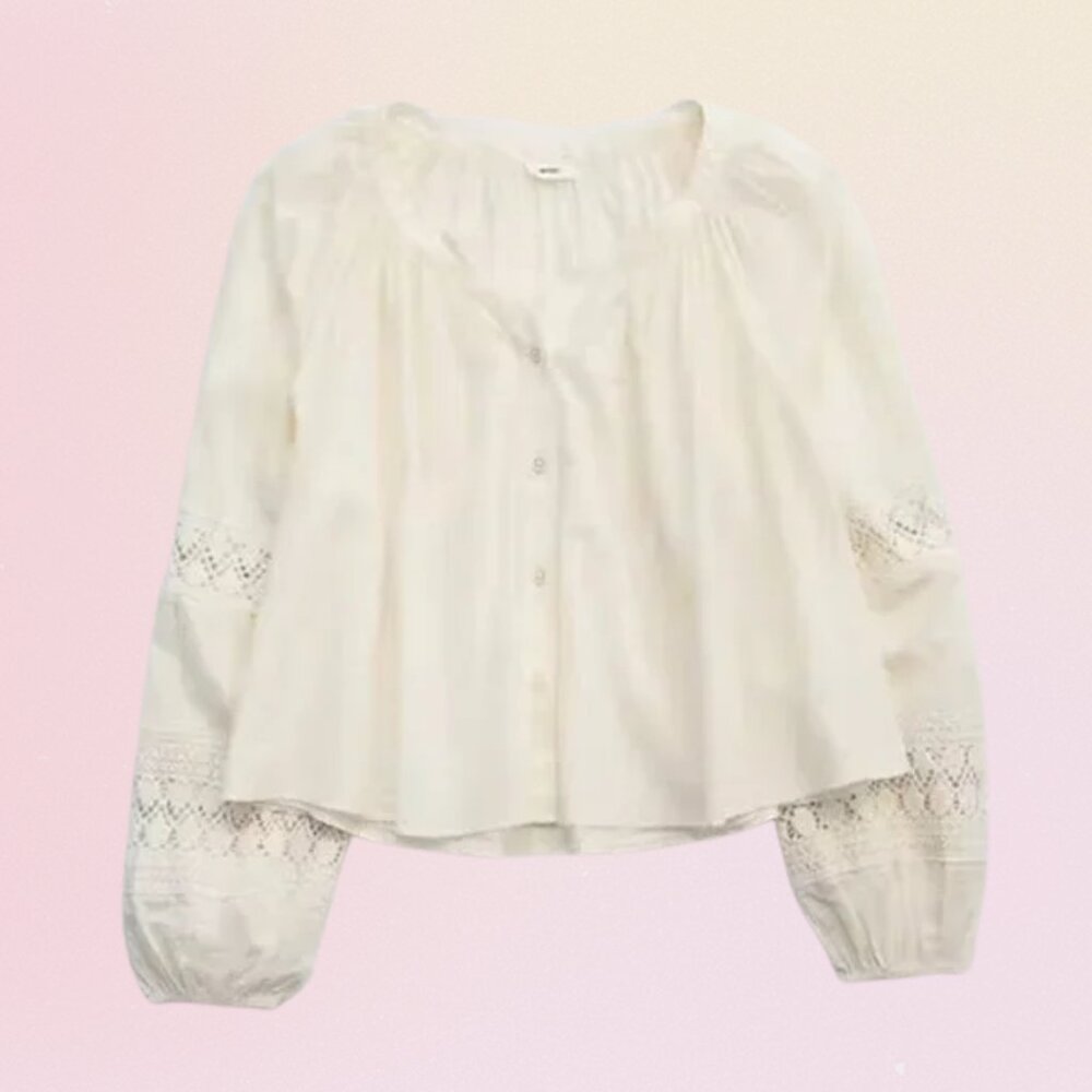 Aerie Long Sleeve Crochet Button Down Shirt – White/Cream (S)